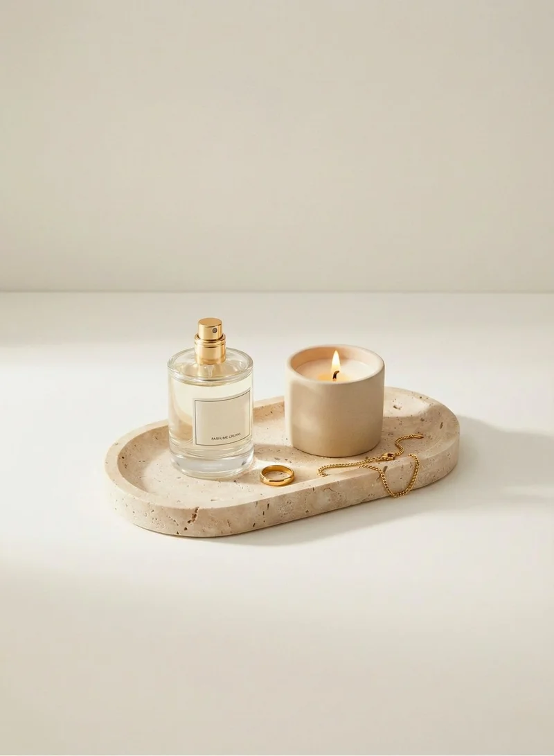 1 تشيس صينية بيضاوية من الرخام الطبيعي بلون بيج، صينية زينة حجرية للمجوهرات والعطور ومستحضرات التجميل، صينية طاولة قهوة مزخرفة ومنظم للحمام